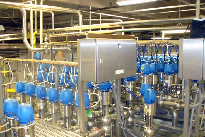 Stainless process piping with blue valve actuators and control panel